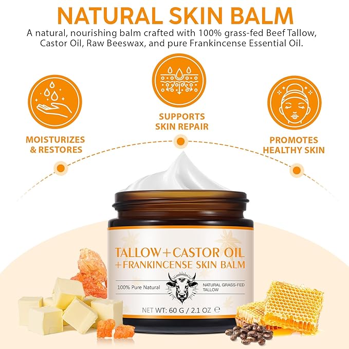 Tallow, Castor Oil and Frankincense Oil Skin Balm, 100% Grass-Fed Tallow for Face & Body Moisturizer, Deep Moisturizing Cream, Moisturizer for Dry, Cracked Skin, All Skin Types