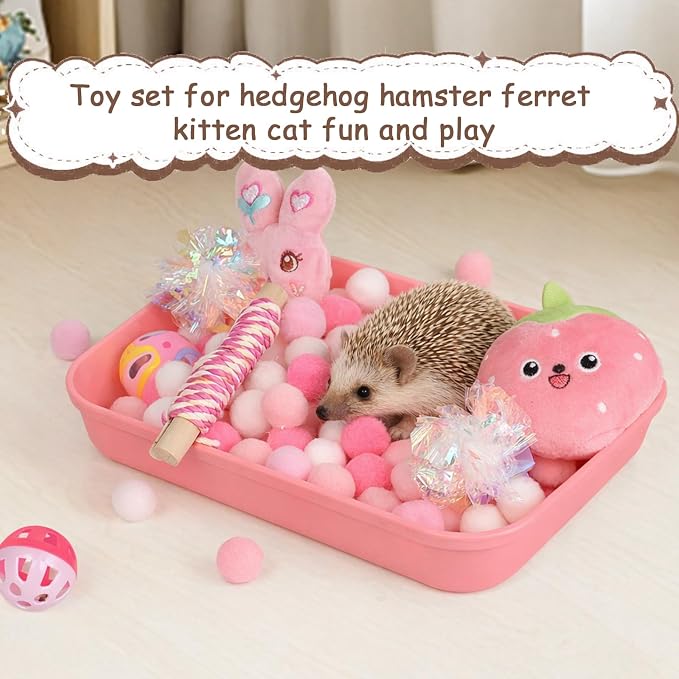 Hedgehog Accessories, Dig-Box Tray for Hedgehog Cage with Ball Toy, Small Animal Accessories Funny Dig-Box Tray Toys for Hedgehogs, Ball Bell Toy for Ferret Kitten Cat Hamster (Pink)