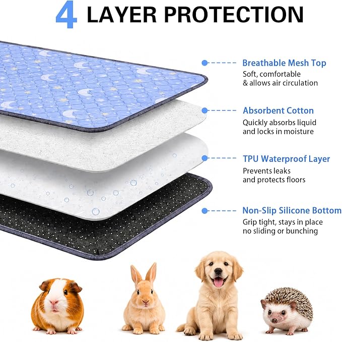 Guinea Pig Cage Liner 2 Pack Super Absorbent Washable Guinea Pig Pee Pads Waterproof Reusable Anti Slip Bedding Pee Pad Mat for Rabbit Bunny Rat Cat (Stars&Moon, 48" x 24" (2 Pack))