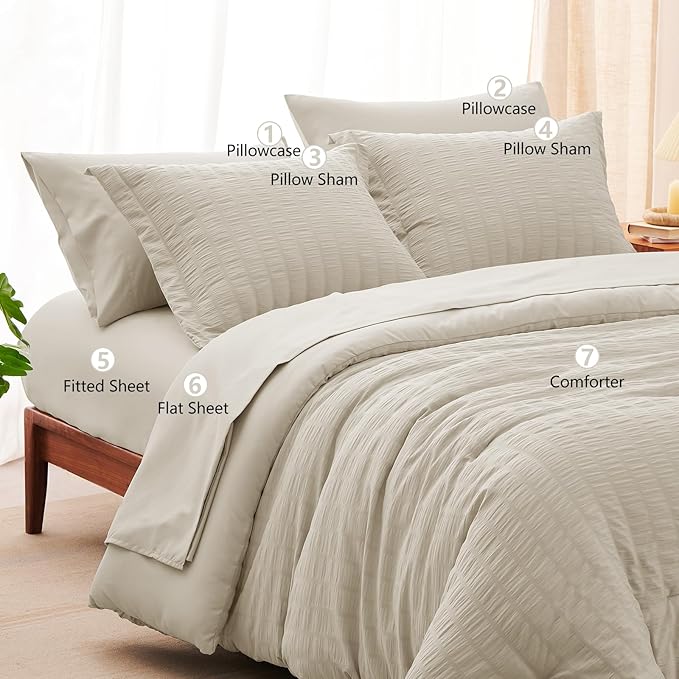 CozyLux Full Size Comforter Sets with Sheets Seersucker 7 Pieces Oatmeal Bed in a Bag Textured Luxury Soft Bedding Set with Down Alternative Comforter, Sheets, Pillowcases & Shams for All Seasons