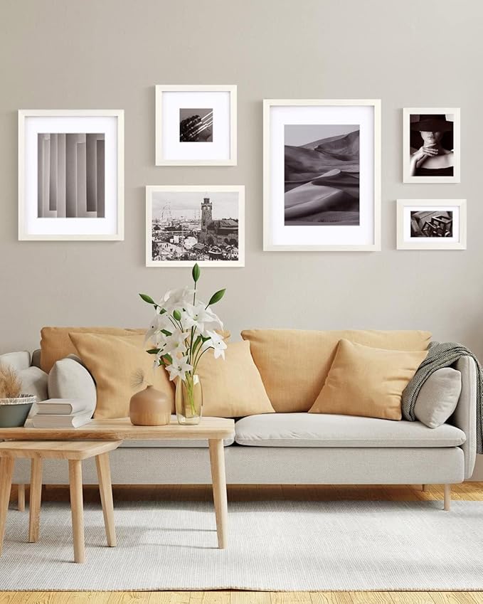 Egofine 9x12 Picture Frames Set of 4, Made of Solid Wood Covered by Plexiglass 5x7 and 6x8 with Mat or 9x12 without Mat, for Table Top Display and Wall Mounting Photo Frame Beige