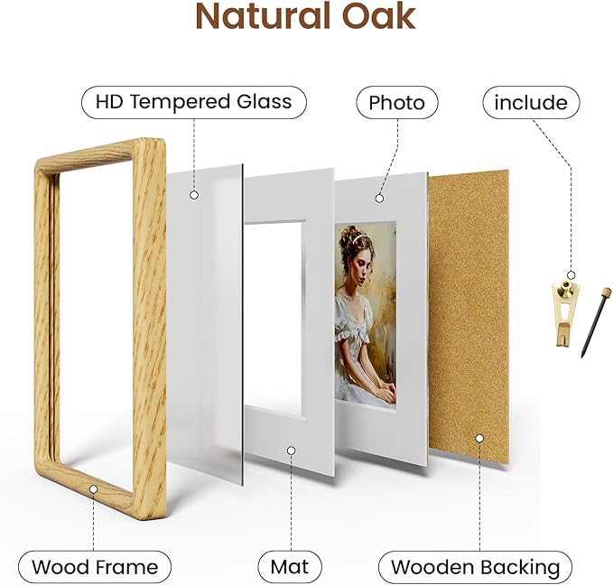 9x12 Picture Frame Natural Oak Wood From California-USA with Real Tempered Glass, Handcrafted 9 x 12 Diploma Frame Matted to 6x8 Wedding Photo,Family Picture,Graduation Picture Display Table & Wall