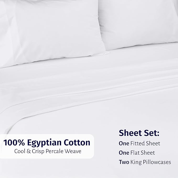 California Design Den Certified 100% Egyptian Cotton Sheets King Size Deep Pocket Set - King Percale Sheet Set with Deep Pockets, Lightweight, Crisp, Cool & Durable Luxury Bedding - White
