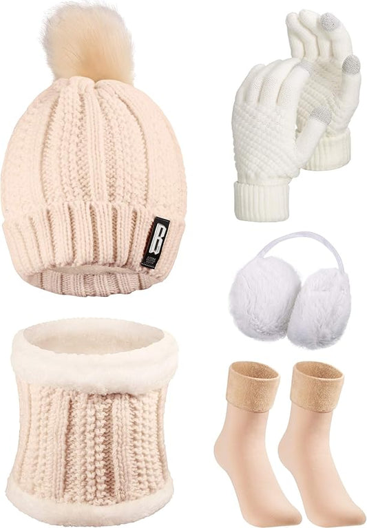 SATINIOR 5 Pcs Winter Hat Scarf Gloves Set Fleece Warm Lined Knit Beanie Hat Touch Screen Earmuff Gloves Warmer for Women(Beige,Classic Style)