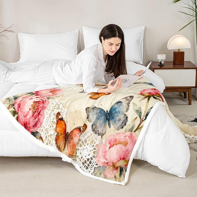 Feelyou Girls Butterfly Fleece Throw Blanket Throw 50"x60" Kids Colorful Sherpa Blanket Plush Fuzzy for Bed Couch Chair Living Room, Chic Gorgeous Bed Blanket Noble Flower Room Decor