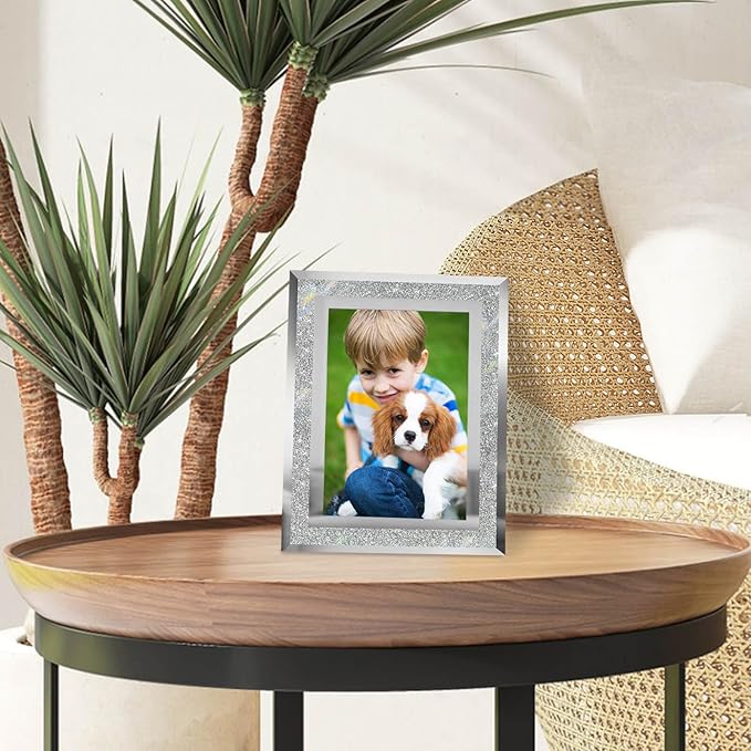 4x6 Picture Frames Silver - Set of 4, Sparkle Real Glass 4 by 6 Photo Frame Mirrored Edge Great Gift, for Tabletop Display, Wedding Birthday Christmas Day Gifts (4 x 6, Glitter Silver)