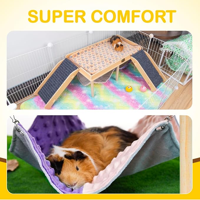 BESNEW Enlarged Guinea Pig Hammock with Platform and Stairs,Wooden Foldable Piggies Hideout for Guinea Pigs Bunny Ferret Hamster Hiding Sleeping Activities 24L x 12W x 11H in（Double）