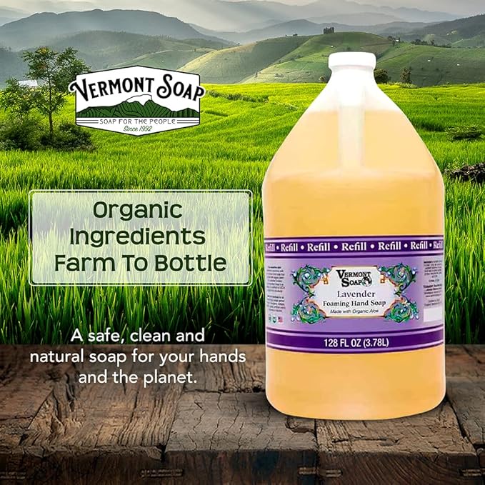 VERMONT SOAP Organics Foaming Hand Soap, Liquid Soap with Pre-diluted Formula - Ready to Use Hand Soap Lavender With Convenient and Economical Gallon Refill