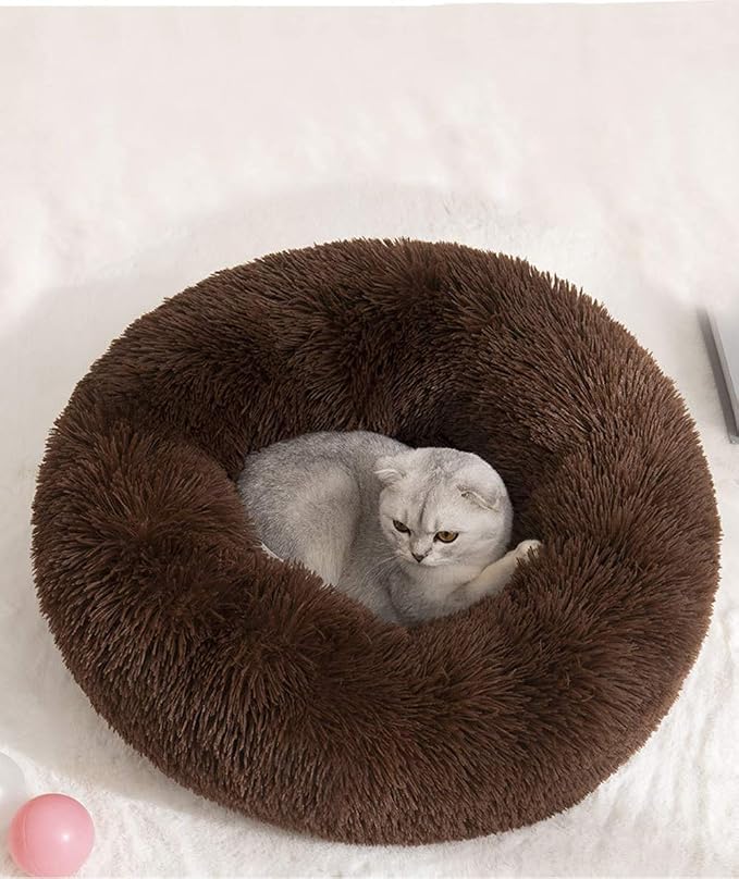 Plush Calming Donut Dog Bed for Small to Medium Dogs, 28 Inch Round Pet Bed | Soft Faux Fur Puppy Bed with Raised Rim for Curling and Head Support; Washable Round Pet Bed for Small to Medium Dogs or Cats