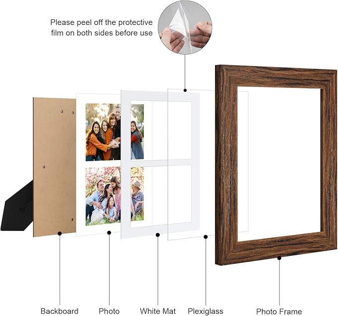 8.5x11 Picture Frame Display 2 opening Double 5x7 Picture Frame Collage,Multi Photo Frame with Mat,Plexiglass,Horizontal and Vertical Formats for Wall Decor,Carbonized Brown Wood Grain
