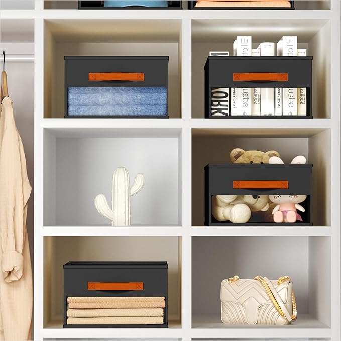 Drawer Organizers and Storage - 10 Pack Foldable Pants Organizer with Clear Window & Handles, Fabric Closet Organizer for Clothes, Jeans, Sweaters, Towels, T-shirt, Scarf (Black)