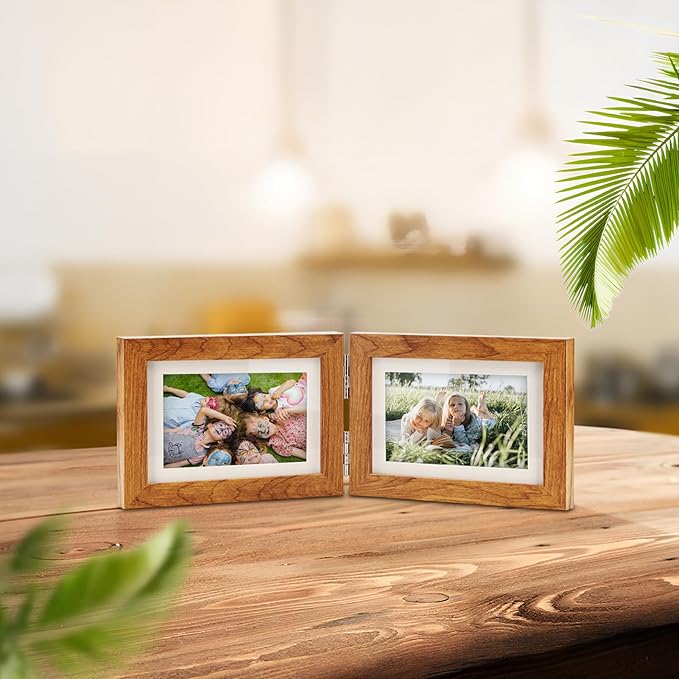 Double Hinged 5x7 Picture Frame with Tempered Glass-Tabletop or Wall Mounted, Display for 4x6 & 5x7 Photos (with/without Mat)-Rustic Brown, For Family Photos & Wedding Memories-Z75X2