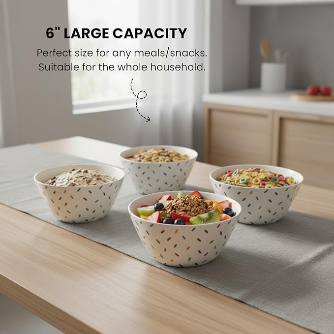 Bamboo Bowl Set of 4 – 6 Inch 20 oz Durable Deep Cereal and Snack Dishware for Kids and Toddlers – BPA Free, Dishwasher Safe, Lightweight Alternative to Plastic or Ceramic (Partypopper)