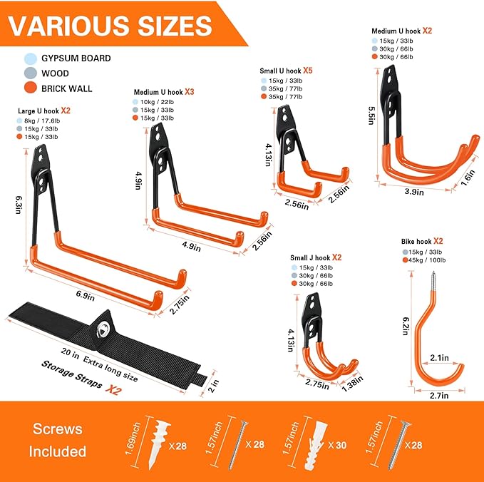 18 Pack Garage Hooks Heavy Duty Utility Steel with Anti-Slip Coating Wall Mount Storage Organizer for Hanging Power and Garden Tools, Ladders, Hose, Bikes, Ropes, Bulk Items, and More