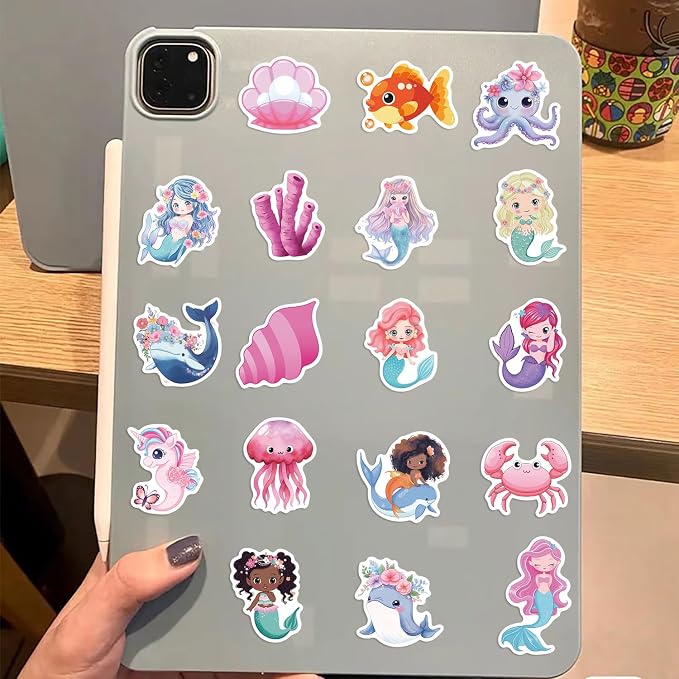 50Pcs Mermaid Sticker, Cute Marine Organism Stickers for Kids Teens Adults, Vinyl Cartoon Pink Animals Decals Kawaii Sticker for Decor Water Bottles Laptops Guitar Scrapbook (Mermaid)