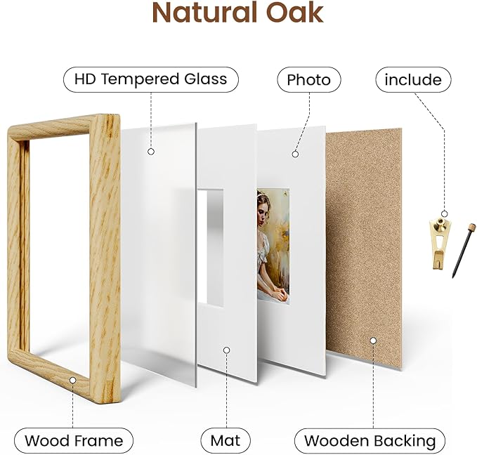 8x8 Picture Frame Natural Oak Wood From California-USA with Real Tempered Glass, Handcrafted 8 x 8 Photo Frame Matted to 4x4 Wedding Photo,Family Picture,Graduation Picture Display on Table & Wall
