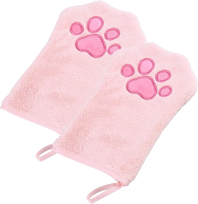 A Pair of Microfiber Reusable Pet Grooming Towel Gloves, Machine-Washable Double-Sided Bath Mitts, Dirt & Odor Removal Cleaner for Dog and Cat Paws & Coat (Pink)