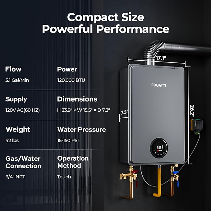 FOGATTI Natural Gas Tankless Water Heater Indoor - Max 5.1 GPM 120,000 BTU, CSA Certified Compact Design On Demand Instant Hot Water Heater - Instagas Comfort 120S Series