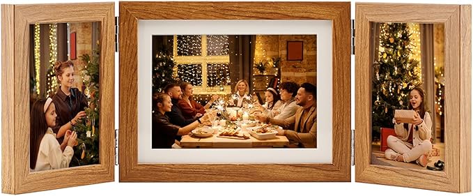 Hinged Tri-Fold 4x6 & 6x8 Picture Frame with Tempered Glass-Tabletop or Wall Mounted Display for Two 4x6 & One 5x7/6x8 Photos (with/without Mat)-Rustic Brown-Z467546