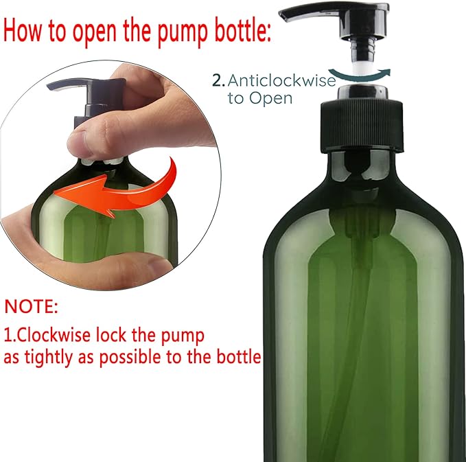 FOOCHY 6 Pack Empty Plastic Bottles with Pump Dispenser and 6pcs Labels Included, Refillable Travel Containers for Hand sanitizer Shampoo Lotion, etc - No BPA/Paraben, 500ml/16.9oz (Green)