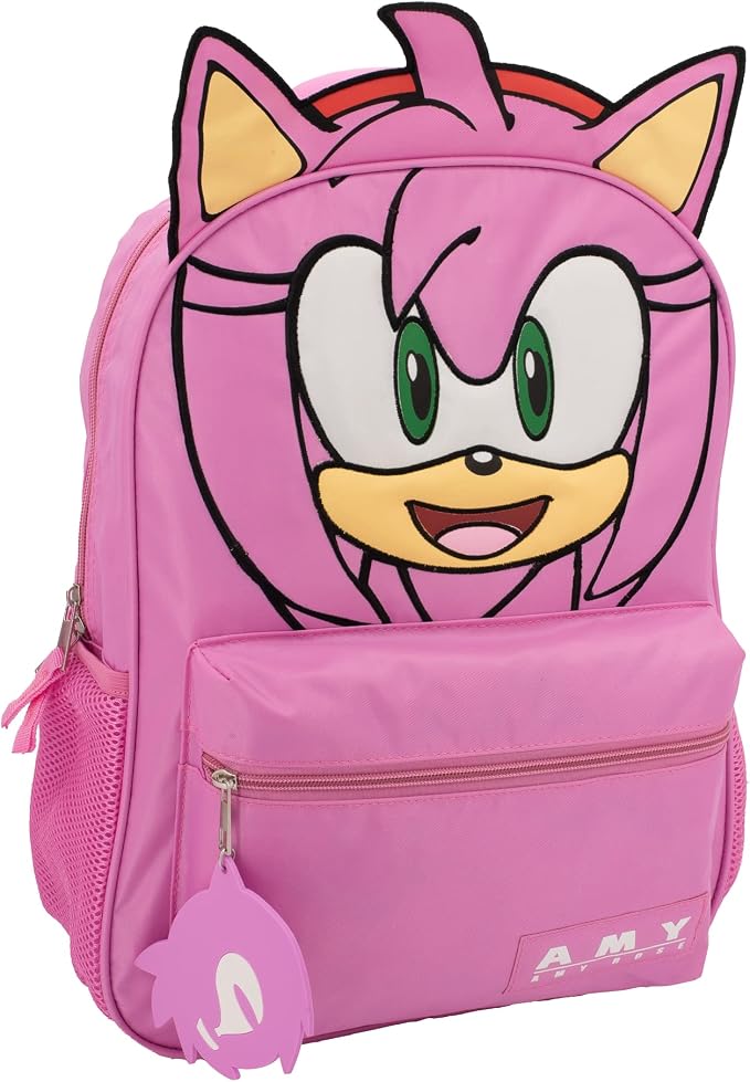 AI ACCESSORY INNOVATIONS Sonic The Hedgehog Backpack for Boys & Girls, Bookbag with Adjustable Shoulder Straps & Padded Back, Amy Rose 16 Inch Schoolbag with 3D Features, Durable School Bag for Kids