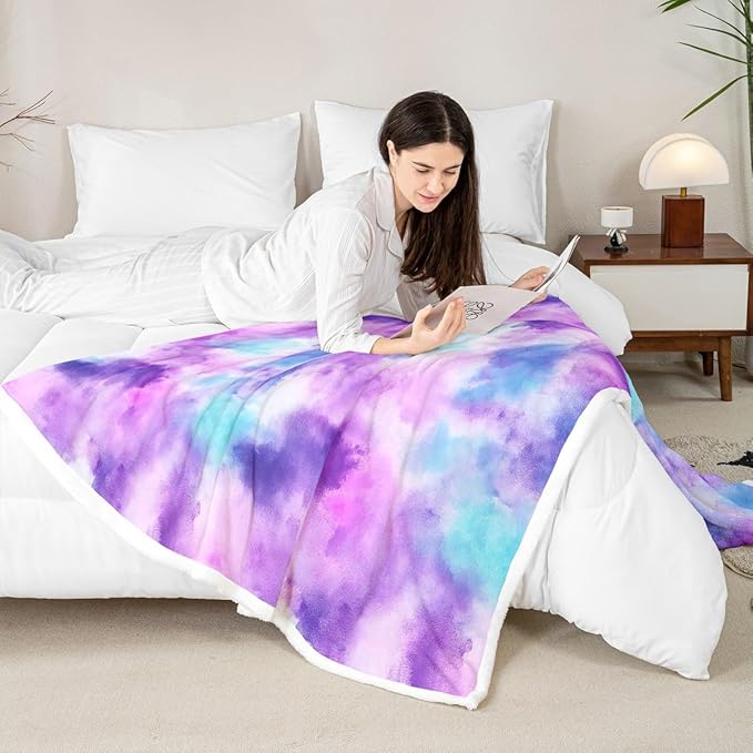 Feelyou Colorful Fleece Throw Blanket Throw 50"x60" Kids Tie Dye Watercolor Sherpa Blanket Plush Fuzzy for Bed Couch Chair Living Room, Dreamy Girly Bed Blanket Room Decor
