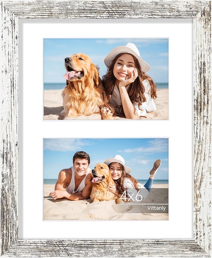 Vittanly 8x10 Collage Picture Frame, Displays 2Pcs 4x6 Pictures with Mat or 1Pcs 8x10 without Mat, Photo Frame for Wall Mounting or Table Top with Stand, Distressed White, 1 Pack