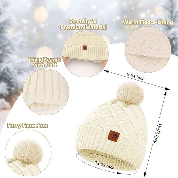 YARIEW Winter Hat Scarf and Gloves Set for Women, Warm Knitted Beanie with Pom Pom, Soft Ear Warmer Scarf, Warm Gloves