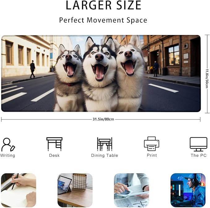 Husky Gaming Mouse Pad Gifts 31.5" x 11.8", Non-Slip Rubber Base MousePads for Computers Laptop School Office Home Accessories Decor, Mouse Pad, Keyboard Desk Mat