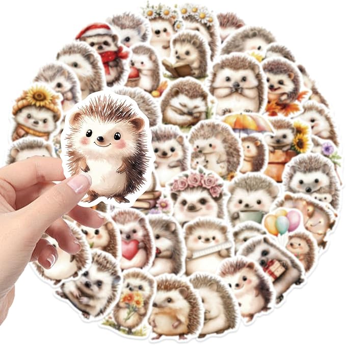 50Pcs Hedgehog Sticker, Cute Animal Stickers for Kids Teens Adults, Vinyl Cartoon Animals Decals Kawaii Hedgehogs Sticker for Decor Water Bottles Laptops Guitar Scrapbook (Hedgehog)