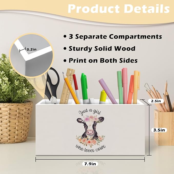 Floral Cow Pen Holder Organizer Desk Decor, Cow Gifts for Women Girls, Just A Girl Who Loves Cows Wooden Pen Pencil Holders for Girls Room Home Office Desk Accessories