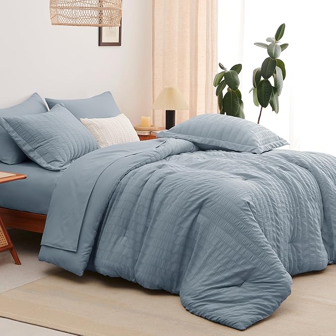 CozyLux Grayish Blue King Size Comforter Set Seersucker 7 Pieces Dusty Blue Bed in a Bag King Comforter Set with Sheets, Luxury Bedding Set with Down Alternative Comforter, Sheets, Pillowcases & Shams