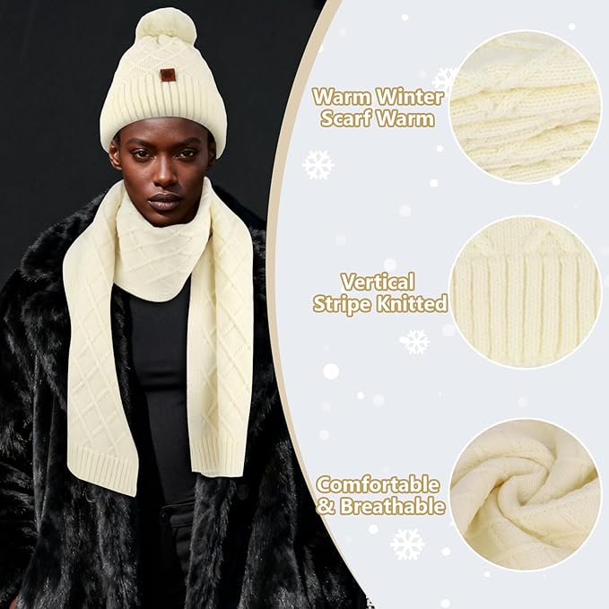 YARIEW Winter Hat Scarf and Gloves Set for Women, Warm Knitted Beanie with Pom Pom, Soft Ear Warmer Scarf, Warm Gloves