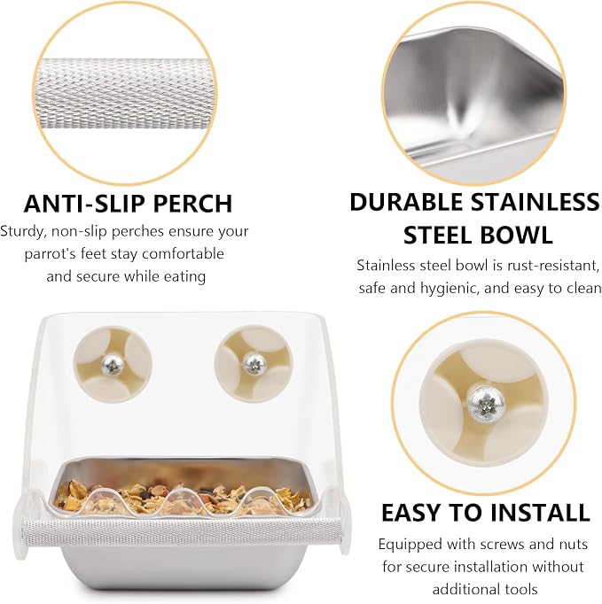 Hypeety Transparent No Mess Bird Feeder for Cage with Anti-Slip Perch | Clear acrylic cage feeder, stainless steel food bowl, easy to install, fits most cages, for parrots/cockatiels/conures/quaker