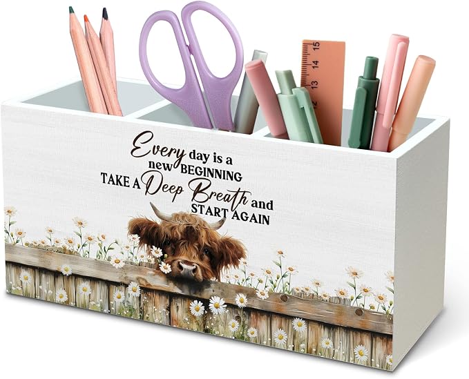 DILSJ Inspirational Highland Cow Pen Pencil Holder Organizer for Desk, Highland Cow Gifts for Women, Every Day Is a New Beginning Wooden Box Signs for Home Office Decoration Office & School Supplies