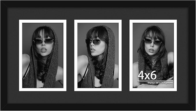 8x15 Collage Picture Frame, 4x6 Collage Picture Frame, Displays Three 4x6 inch Photos, Wall Decor Wall Hanging or Tabletop, Black Mat.
