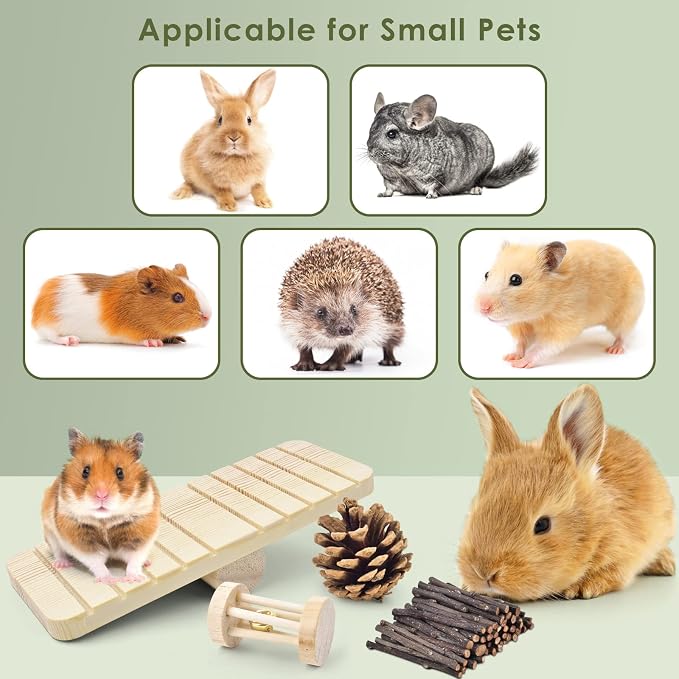 ERKOON Safe 12 Pack Hamster Chew Toys Gerbil Rat Guinea Pig Chinchilla Chewing Toys Cage Accessories, Natural Wooden Dumbbell Exercise Bell Roller Teeth Care Molar Toy for Rabbits Bird Small Animals