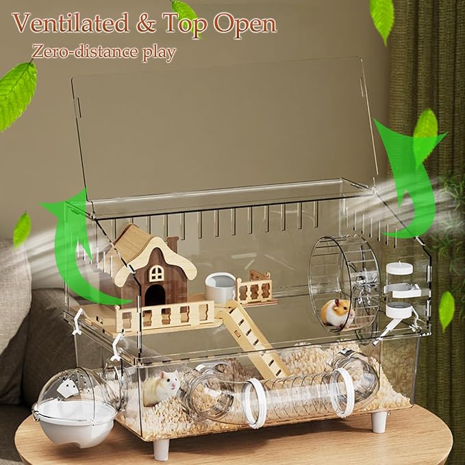 All in 1 Hamster Cage with Tunnel and 7 Accessories,Clear Acrylic Small Animal Habitat for Dwarf Hamster,Gerbil,Hedgehog(17.7"*11.8"*13.4")