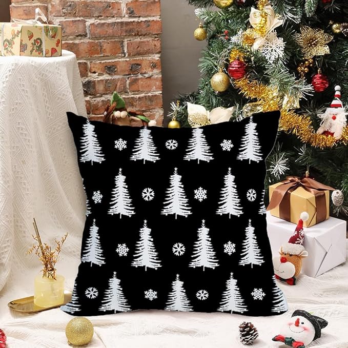 Fukeen 2 Pack Waterproof Outdoor Christmas Tree Decor Pillow Covers 20x20 Inch White and Black Forest Pine Trees Xmas Throw Pillow Covers Snowflake Winter Decorations Cushion Cover Double Sided