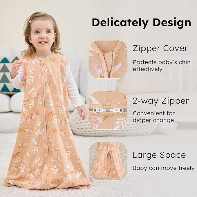 Baby Sleep Sack 18-24 months, 100% Cotton Sleeping Sack for Newborn and Infant, 3 Pack Baby Wearable Blanket for Boy and Girl, 0.5 Tog Lightweight Double Zipper Sleep Bag Pink Orange Flower