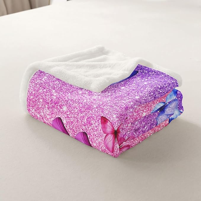 Feelyou Girls Butterfly Fleece Throw Blanket Baby 30"x40" Kids Pink Glitter Print Sherpa Blanket Plush Fuzzy for Bed Couch Chair Living Room, Dreamy Girly Bed Blanket Princess Style Room Decor