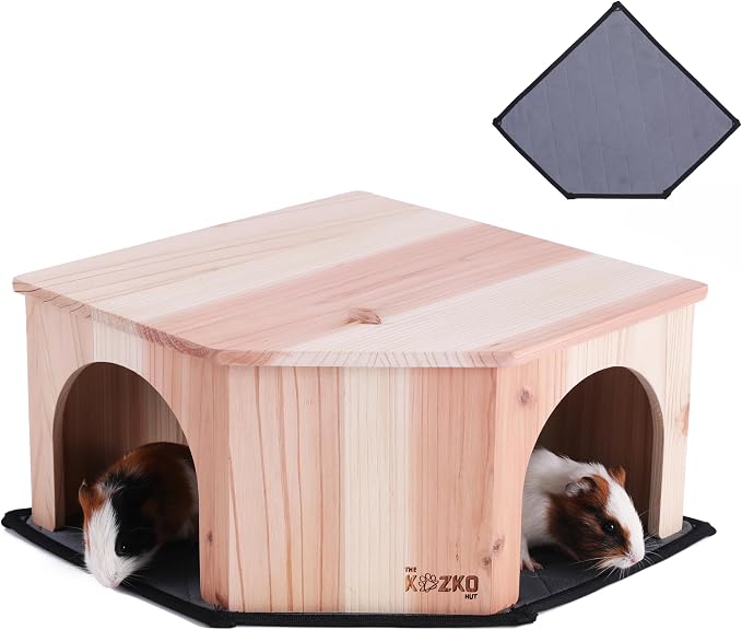 Wooden Guinea Pig Corner Hideout - Hidey for Chinchilla, Rat and Hedgehog with Pee Pad, Fully Assembled & Dual Entrances - Guinea Pig Accessories by The Kozko Hut