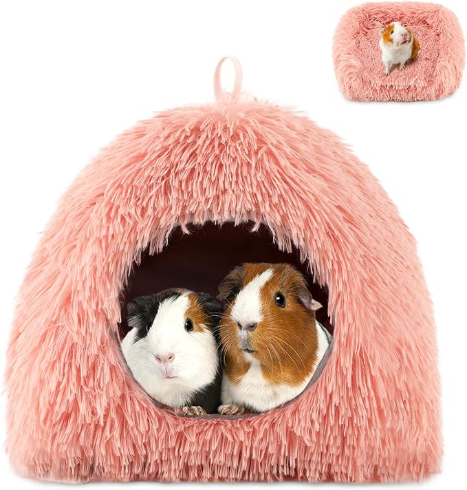 YUEPET Guinea Pig Bed Cave,Warm Bunny Hideout,Pink | Warm Guinea Pig House, Long Plush Fabric, Washable Removable Pad, Non-Slip Base, for Ferrets Hamsters Hedgehogs Dwarf Rabbits