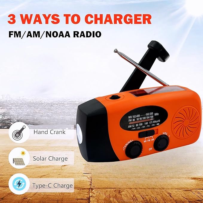 Solar Emergency Hand Crank Weather Radio, Portable Self Powered NOAA AM/FM Radios with SOS Alarm LED Flashlight 5000mAh Smart Phone USB Charger for Camping (Orange)