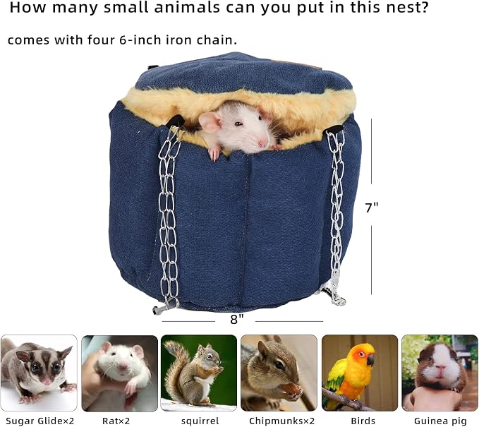 Sugar Glider Pouch, Rat Hanging Bed, Chipmunks Warm Bed, Rat Cage Accessories, Small Pet Animals Bed Dutch Pig Hamster Nest, Syrian Hamster Habitat Mini House, Play and Sleeping (Blue)