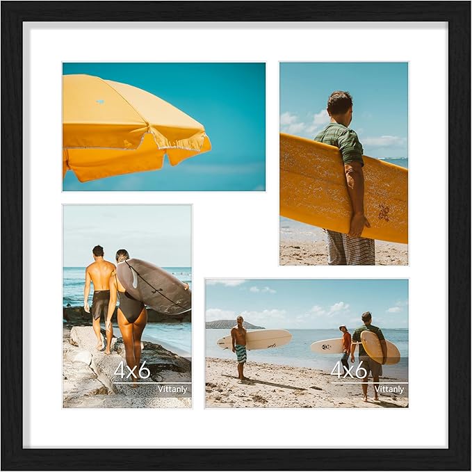 Vittanly 12x12 Collage Picture Frame, Displays 4Pcs 4x6 Pictures with Mat or 1Pc 12x12 without Mat, Picture Frames Collage Wall Decor for Display, Black, 1 Pack