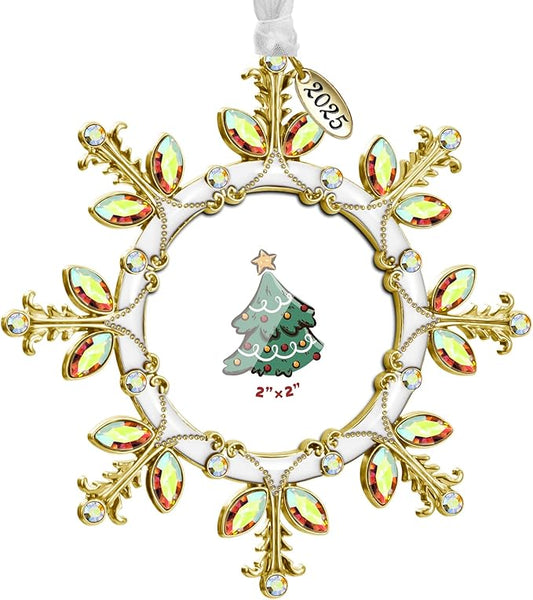 2025 Christmas Tree Ornament Snowflake Picture Frame Metal Hanging Pendant Holiday 2" Photo Frame Charm Decorative of Pets, Baby First Christmas, Family (Golden)