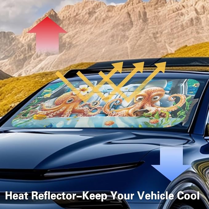 Octopus Print Car Front Windshield Sun Shade Foldable Funny Cute Window Sun Visor UV Rays & Heat Protection Reflector Sunshade Offers Protection for Car Interior for Pickup Truck SUV