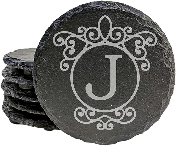 Personalized Monogram Family Coasters, Natural Stone Set, Birthday, Wedding, Customized, Rustic - Round Slate - Set of 6