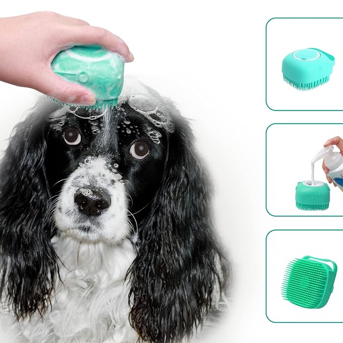 Pet Grooming Bath Massage Brush with Soap and Shampoo Dispenser Soft Silicone Bristle for Long Short Haired Dogs Cats Shower (Blue)